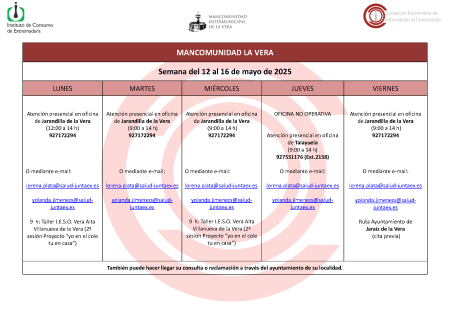 Imagen Planning de la semana del 12 al 16 de mayo de atención al público de la Oficina de Consumo