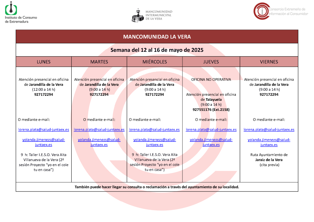 Imagen Planning de la semana del 12 al 16 de mayo de atención al público de la Oficina de Consumo