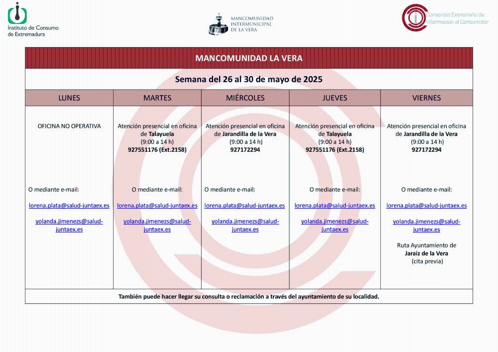 Imagen Planning de la semana del 26 al 30 de mayo de atención al público de la Oficina de Consumo