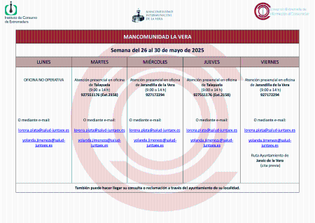 Imagen Planning de la semana del 26 al 30 de mayo de atención al público de la Oficina de Consumo