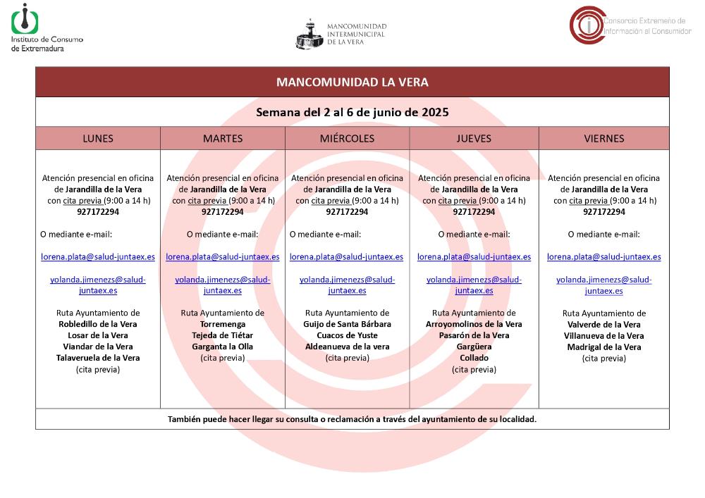 Imagen Planning de la semana del 2 al 6 de Junio de atención al público de la Oficina de Consumo