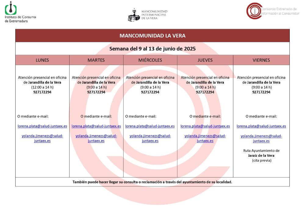 Imagen Planning de la semana del 9 al 13 de Junio de atención al público de la Oficina de Consumo