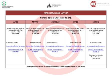 Imagen Planning de la semana del 9 al 13 de Junio de atención al público de la Oficina de Consumo