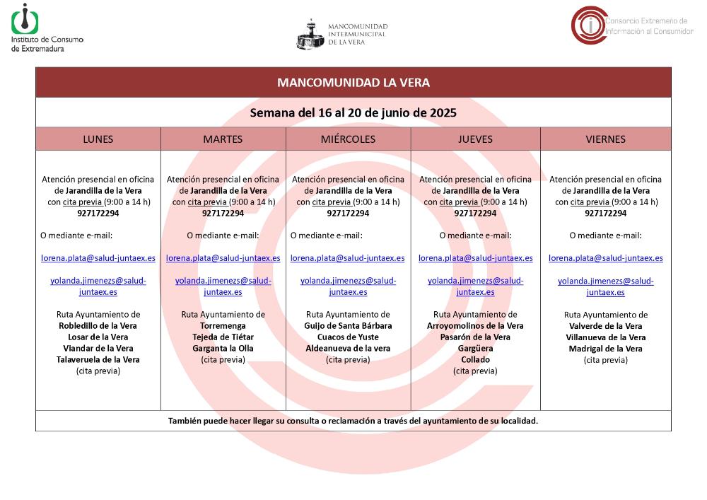 Imagen Planning de la semana del 16 al 20 de Junio de atención al público de la Oficina de Consumo