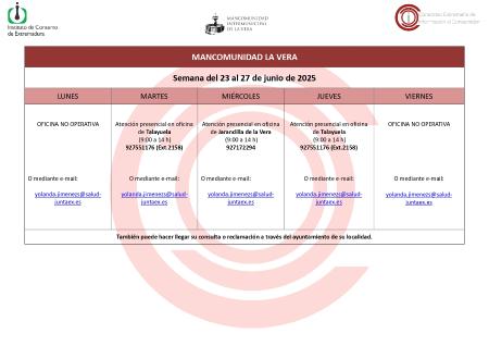 Imagen Planning de la semana del 23 al 27 de Junio de atención al público de la Oficina de Consumo