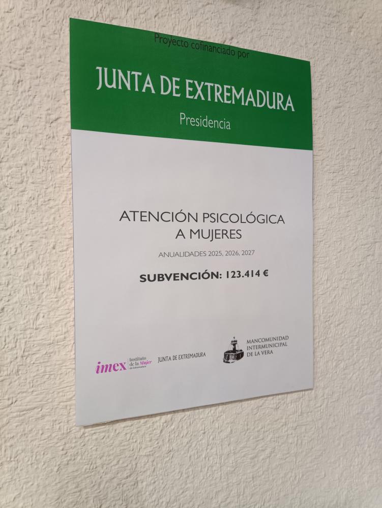 Imagen RESOLUCIÓN DE CONCESIÓN DE UNA SUBVENCIÓN DIRECTA, MEDIANTE CONVOCATORIA ABIERTA, A LA MANCOMUNIDAD INTERMUNICIPAL DE LA VERA, PARA EL FUNCIONAMIENTO DEL PUNTO DE ATENCIÓN PSICOLÓGICA, durante las anualidades 2025, 2026 y 2027