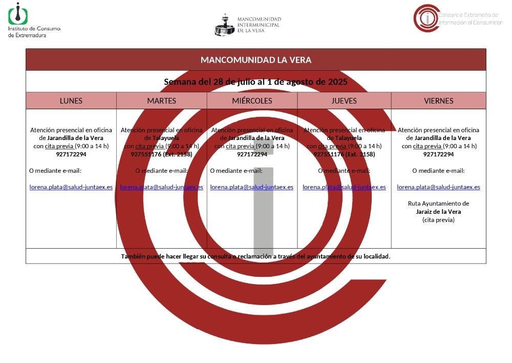 Imagen Planning de la semana del 28 julio al 1 de Agosto de atención al público de la Oficina de Consumo