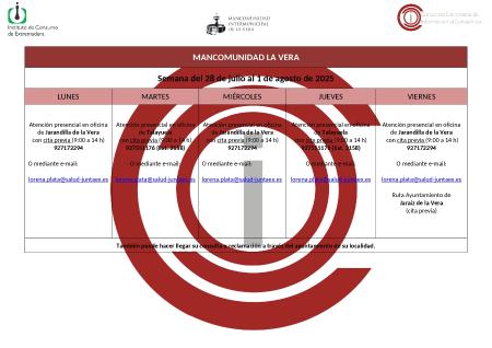 Imagen Planning de la semana del 28 julio al 1 de Agosto de atención al público de la Oficina de Consumo