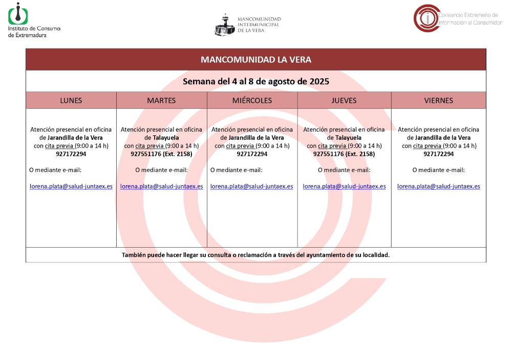 Imagen Planning de la semana del 4 Agosto al 8 de Agosto de atención al público de la Oficina de Consumo