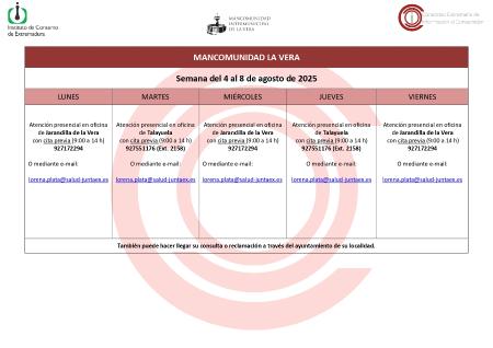 Imagen Planning de la semana del 4 Agosto al 8 de Agosto de atención al público de la Oficina de Consumo