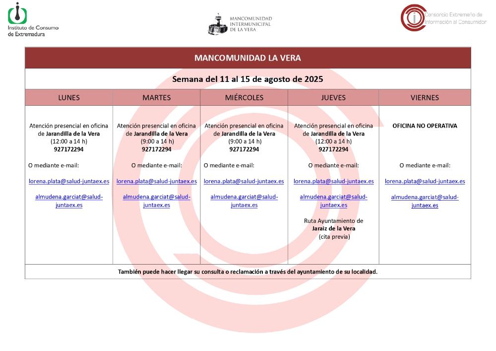 Imagen Planning de la semana del 11 Agosto al 15 de Agosto de atención al público de la Oficina de Consumo