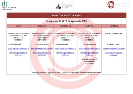 Imagen Planning de la semana del 11 Agosto al 15 de Agosto de atención al público de la Oficina de Consumo
