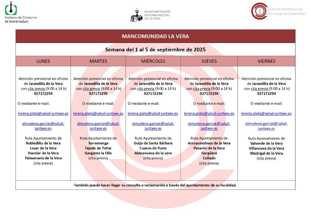 Imagen Planning de la semana del 1 Septiembre al 5 de Septiembre de atención al público de la Oficina de Consumo
