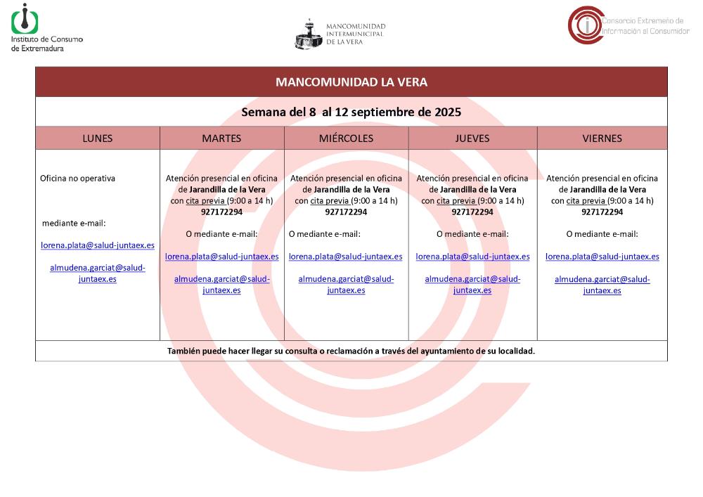 Imagen Planning de la Semana del 8 al 12 septiembre de 2025 de la Oficina de Consumo