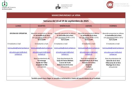 Imagen Planning de la semana del 15 Septiembre al 19 de Septiembre de atención al público de la Oficina de Consumo
