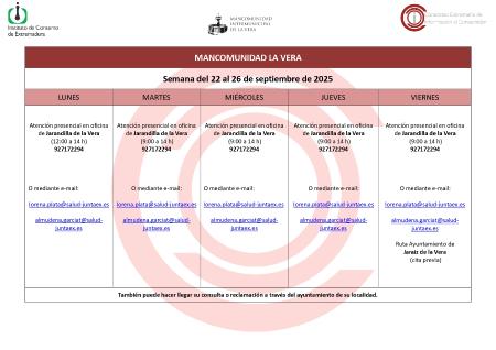 Imagen Planning de la semana del 22 Septiembre al 26 de Septiembre de atención al público de la Oficina de Consumo