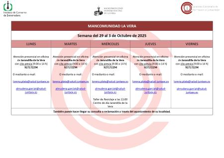 Imagen Planning de la semana del 29 Septiembre al 3 de Octubre de atención al público de la Oficina de Consumo