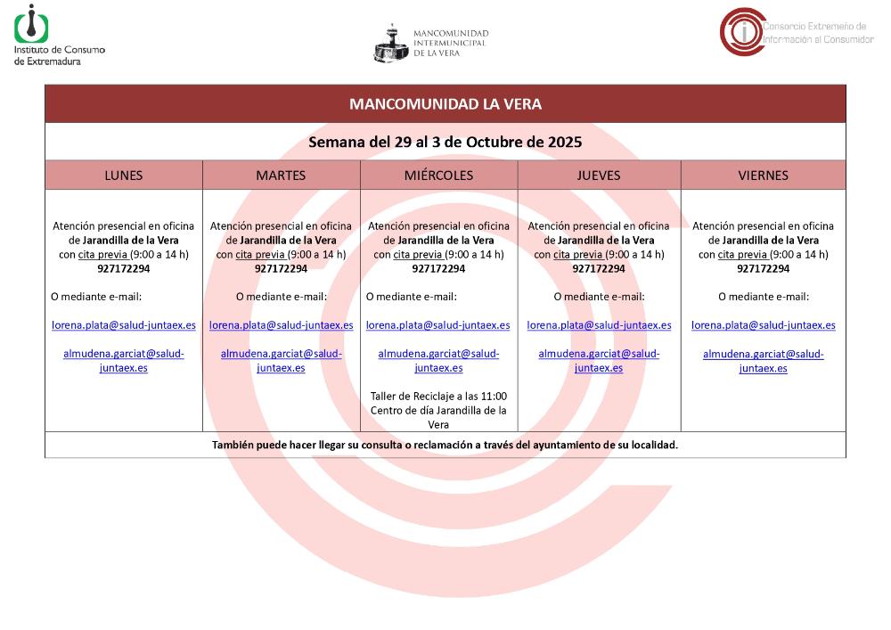 Imagen Planning de la semana del 29 Septiembre al 3 de Octubre de atención al público de la Oficina de Consumo