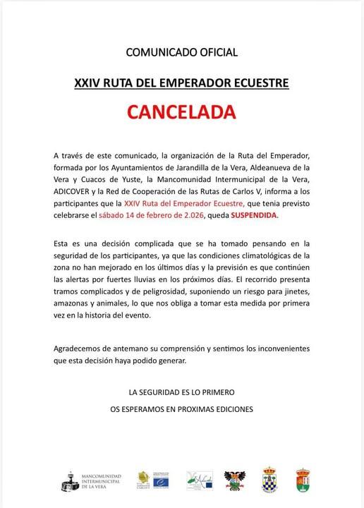Imagen SUSPENSIÓN DE LA RUTA ECUESTRE para este sábado 14 de febrero de 2026