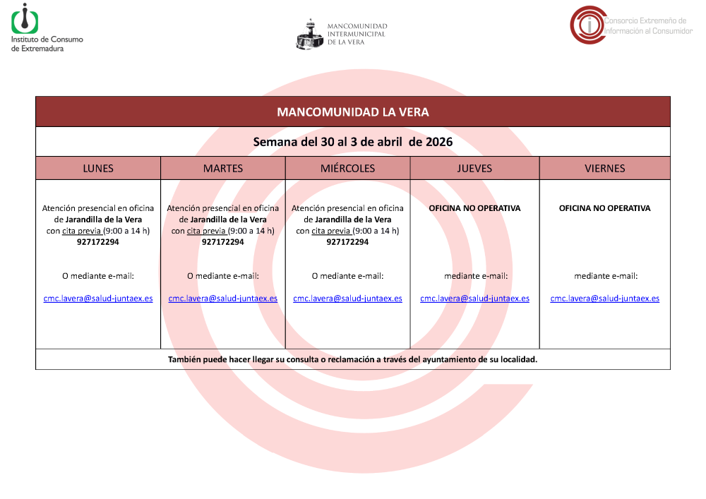 Imagen Planning de la semana del 30 marzo al 3 de abril 2026 de atención al público de la Oficina de Consumo